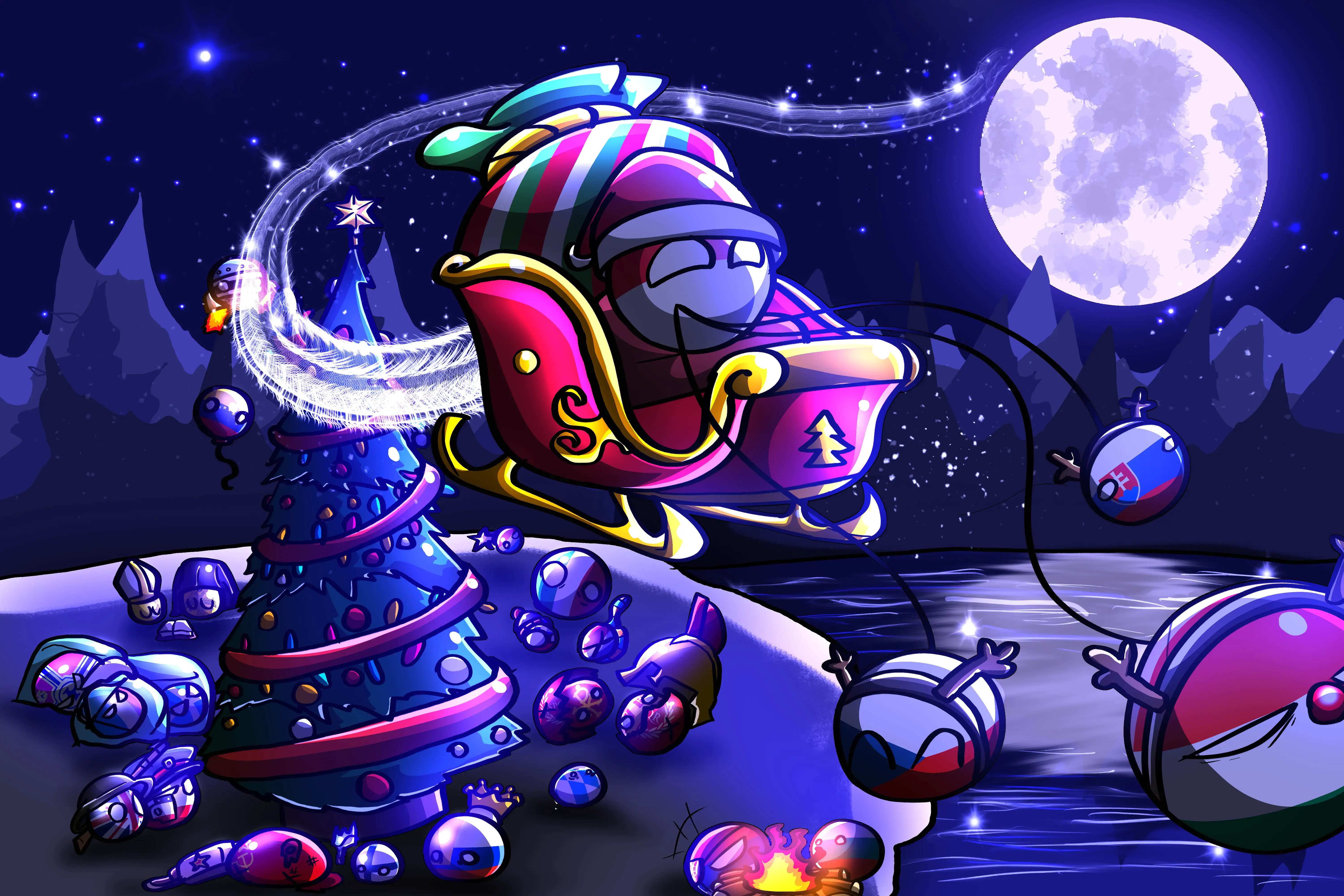 Patch 2.4 Ballsmas banner featuring holiday-themed character variants in festive winter setting