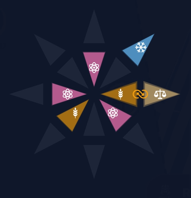 Map view showing multiple character balls with connecting lines indicating active synergies between adjacent balls